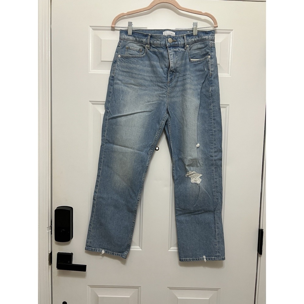 LOFT High Waist Straight Crop Distressed Jeans Light 8 29 Denim Slim Pockets Mom